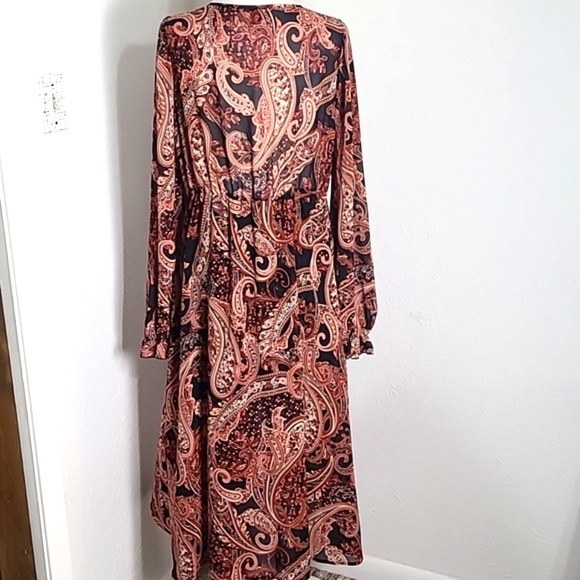 Shein Rust & Black Paisley Midi-Dress, Wide Belt, Bishop Sleeves Sz 12,XL, NWOT - Picture 10 of 13